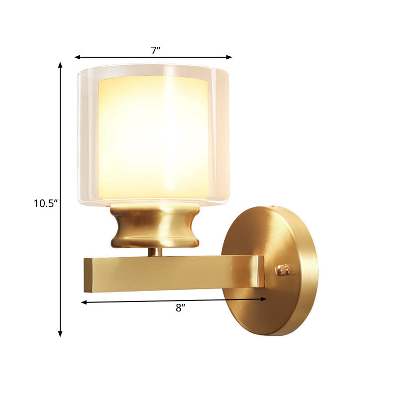 Rynx | Modern Style Cylindrical Wall Light 1 Light Clear and White Glass Wall Mount Lamp in Brass for Bedroom
