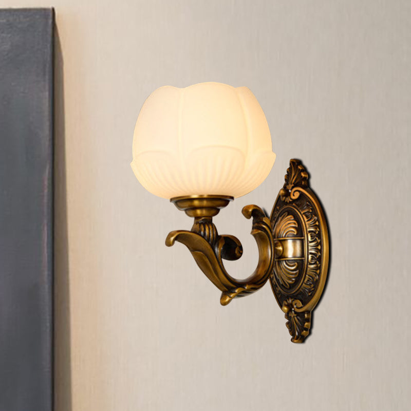 Rynx | Lotus Shade Indoor Wall Lamp Vintage White Glass and Metal 1 Light Brass Finish Wall Lamp