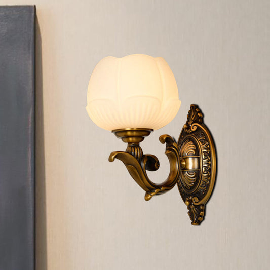 Rynx | Lotus Shade Indoor Wall Lamp Vintage White Glass and Metal 1 Light Brass Finish Wall Lamp