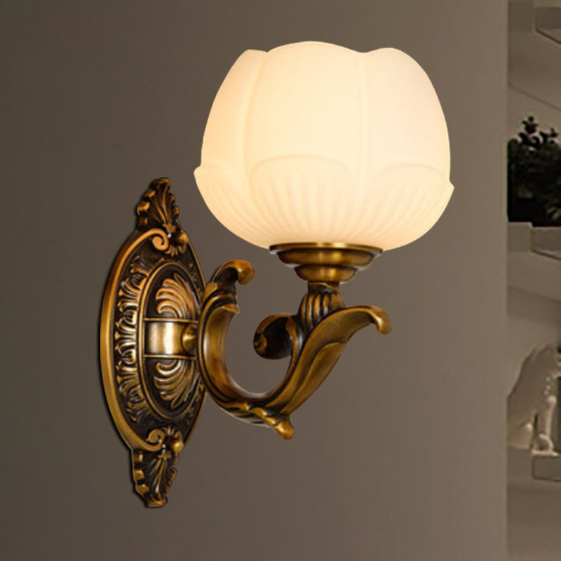Rynx | Lotus Shade Indoor Wall Lamp Vintage White Glass and Metal 1 Light Brass Finish Wall Lamp