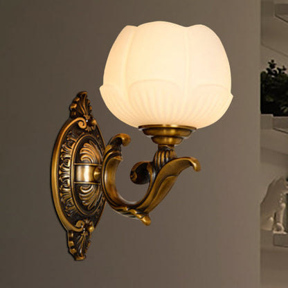 Rynx | Lotus Shade Indoor Wall Lamp Vintage White Glass and Metal 1 Light Brass Finish Wall Lamp