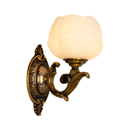 Rynx | Lotus Shade Indoor Wall Lamp Vintage White Glass and Metal 1 Light Brass Finish Wall Lamp