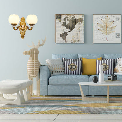 Rynx | Vintage Style Globe Wall Lamp Sconce 1/2-Light Milk Glass and Metal Wall Lamp in Gold for Corridor