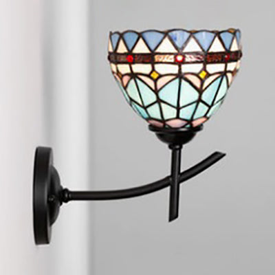 Rynx | Arc/curved arm wall lamp with cut glass shade 1 light Tiffany wall-mounted lamp in white/blue/clear for bedroom