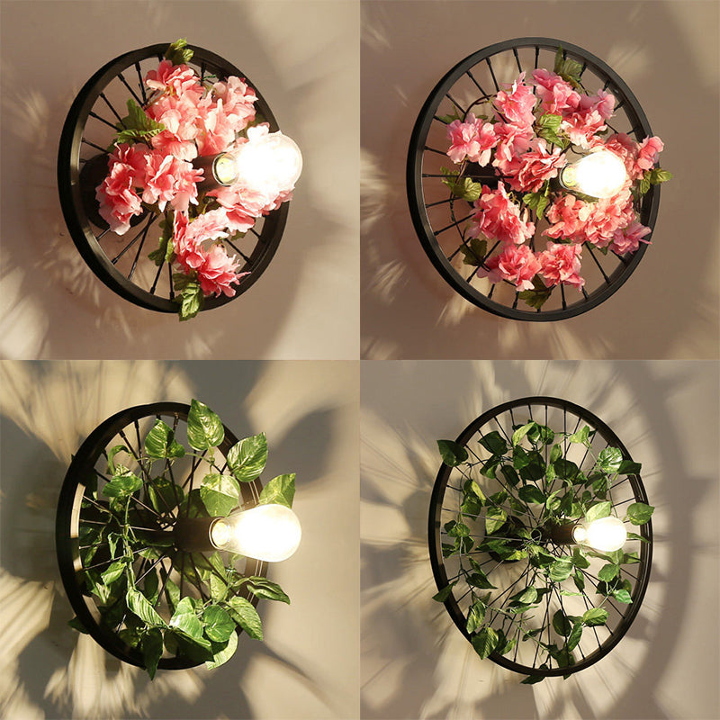 Rynx | Black 1 Light Wall Mount Light Loft Industry Metal Wheel Design Wall Lighting with Artificial Flower/Leaf Decoration, 12.5"/16.5" Diameter