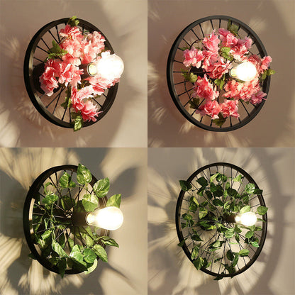Rynx | Black 1 Light Wall Mount Light Loft Industry Metal Wheel Design Wall Lighting with Artificial Flower/Leaf Decoration, 12.5"/16.5" Diameter