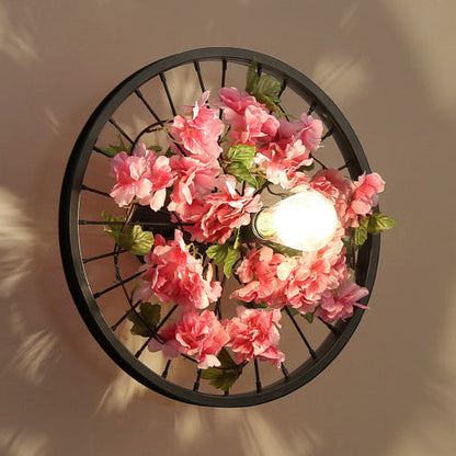 Rynx | Black 1 Light Wall Mount Light Loft Industry Metal Wheel Design Wall Lighting with Artificial Flower/Leaf Decoration, 12.5"/16.5" Diameter