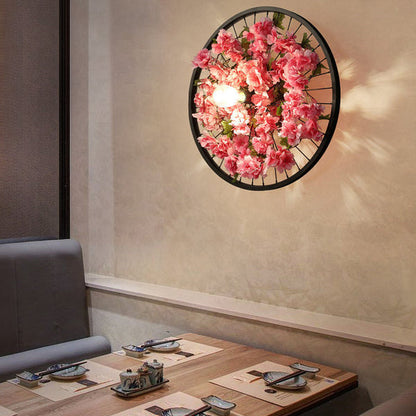 Rynx | Black 1 Light Wall Mount Light Loft Industry Metal Wheel Design Wall Lighting with Artificial Flower/Leaf Decoration, 12.5"/16.5" Diameter