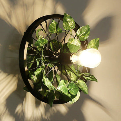 Rynx | Black 1 Light Wall Mount Light Loft Industry Metal Wheel Design Wall Lighting with Artificial Flower/Leaf Decoration, 12.5"/16.5" Diameter