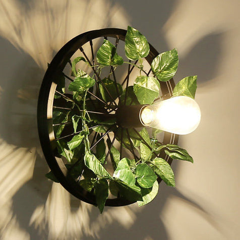 Rynx | Black 1 Light Wall Mount Light Loft Industry Metal Wheel Design Wall Lighting with Artificial Flower/Leaf Decoration, 12.5"/16.5" Diameter