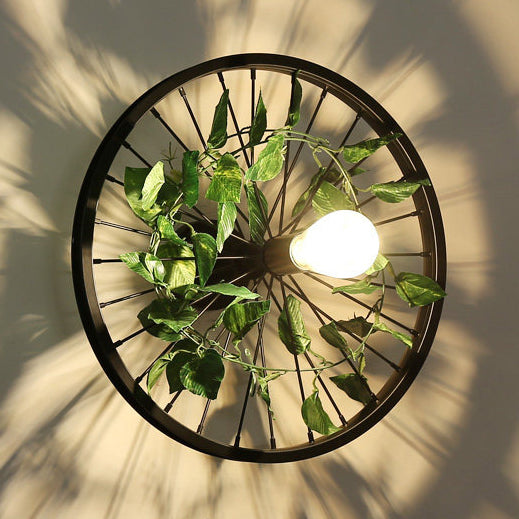 Rynx | Black 1 Light Wall Mount Light Loft Industry Metal Wheel Design Wall Lighting with Artificial Flower/Leaf Decoration, 12.5"/16.5" Diameter
