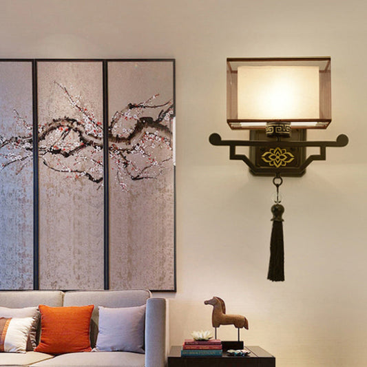 Rynx | Black 1 Light Wall Mount Light Traditional Fabric Rectangle Wall Lamp with Metal Back Plate