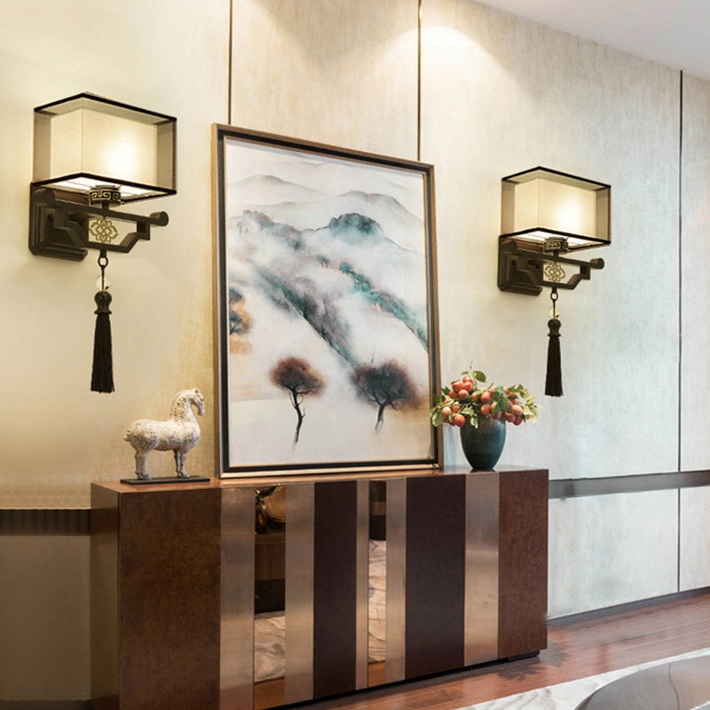 Rynx | Black 1 Light Wall Mount Light Traditional Fabric Rectangle Wall Lamp with Metal Back Plate