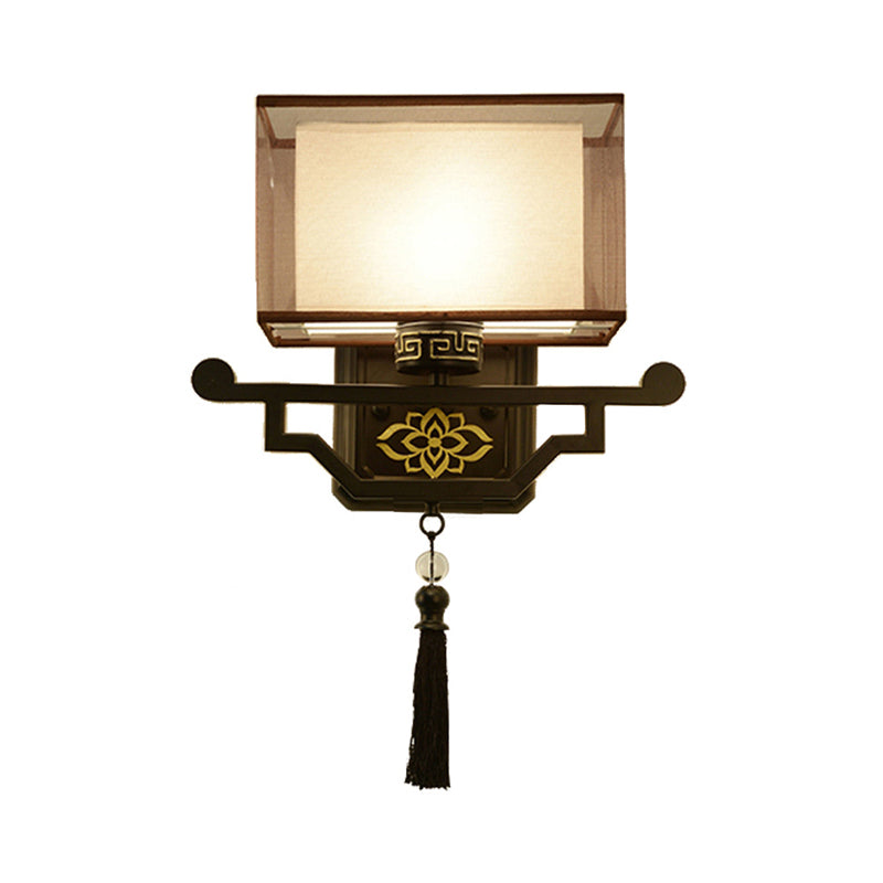 Rynx | Black 1 Light Wall Mount Light Traditional Fabric Rectangle Wall Lamp with Metal Back Plate