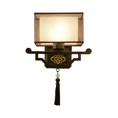 Rynx | Black 1 Light Wall Mount Light Traditional Fabric Rectangle Wall Lamp with Metal Back Plate