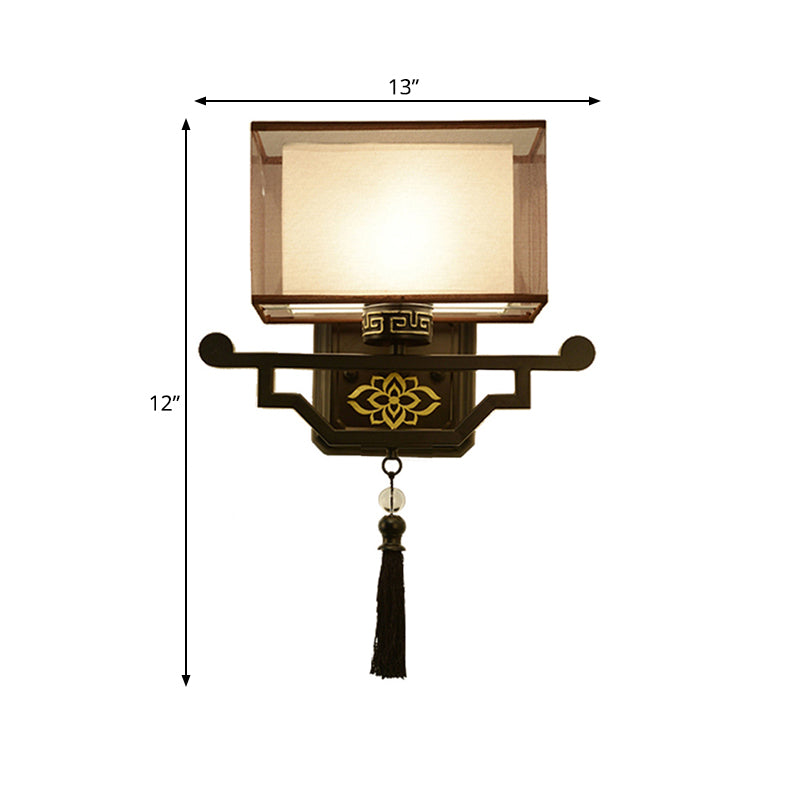 Rynx | Black 1 Light Wall Mount Light Traditional Fabric Rectangle Wall Lamp with Metal Back Plate