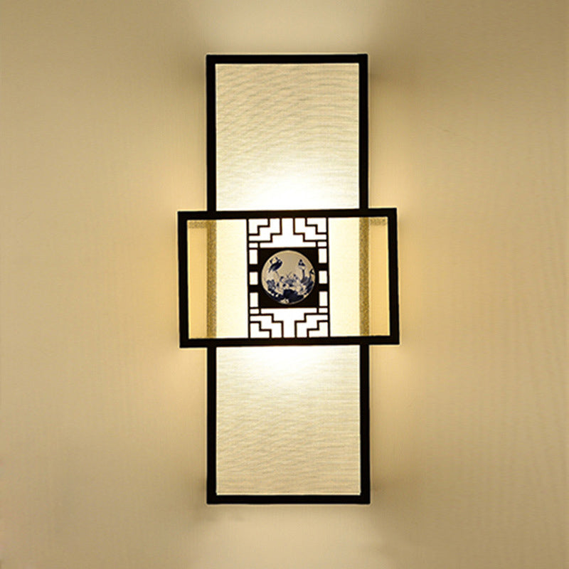 Rynx | Fabric Rectangular Wall Lamp Classic 1 Light Bedside Sconces Light Fixture in White with Metal Frame
