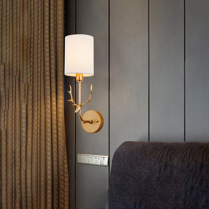 Rynx | Cylinder Living Room Wall Lighting Country Fabric Shade 1 Head Black/Brass Wall Lamp Fixture