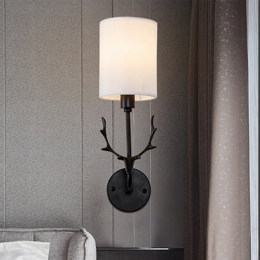 Rynx | Cylinder Living Room Wall Lighting Country Fabric Shade 1 Head Black/Brass Wall Lamp Fixture