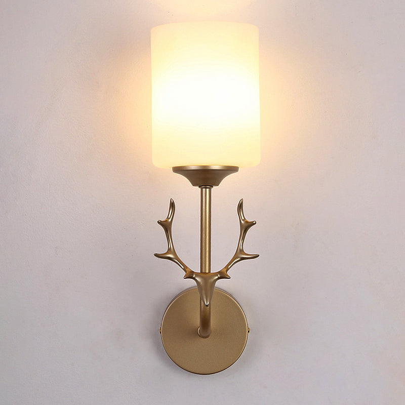 Rynx | Black/Brass 1-Bulb Wall Lighting Rustic White Glass Cylindrical Wall-Mounted Lamp for Living Room