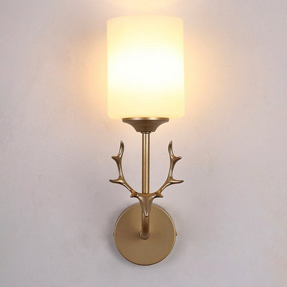 Rynx | Black/Brass 1-Bulb Wall Lighting Rustic White Glass Cylindrical Wall-Mounted Lamp for Living Room