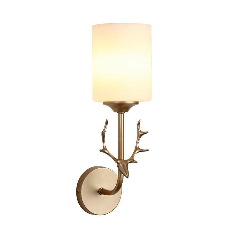 Rynx | Black/Brass 1-Bulb Wall Lighting Rustic White Glass Cylindrical Wall-Mounted Lamp for Living Room