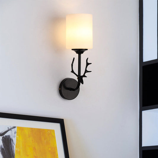Rynx | Black/Brass 1-Bulb Wall Lighting Rustic White Glass Cylindrical Wall-Mounted Lamp for Living Room