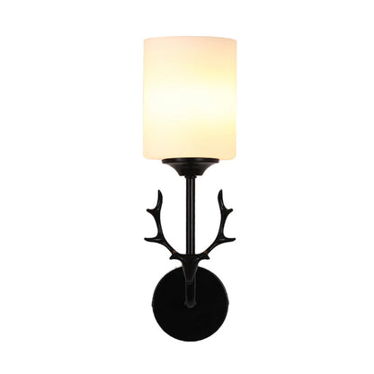 Rynx | Black/Brass 1-Bulb Wall Lighting Rustic White Glass Cylindrical Wall-Mounted Lamp for Living Room