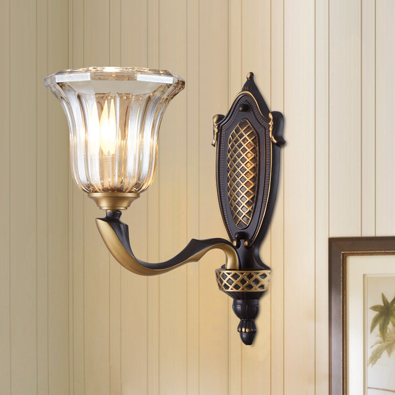 Rynx | Flared Wall Lamp for the Living Room Retro Clear Glass Shade 1/2 Lamps Brass Wall Lighting with Curved Arm