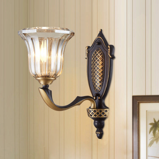 Rynx | Flared Wall Lamp for the Living Room Retro Clear Glass Shade 1/2 Lamps Brass Wall Lighting with Curved Arm