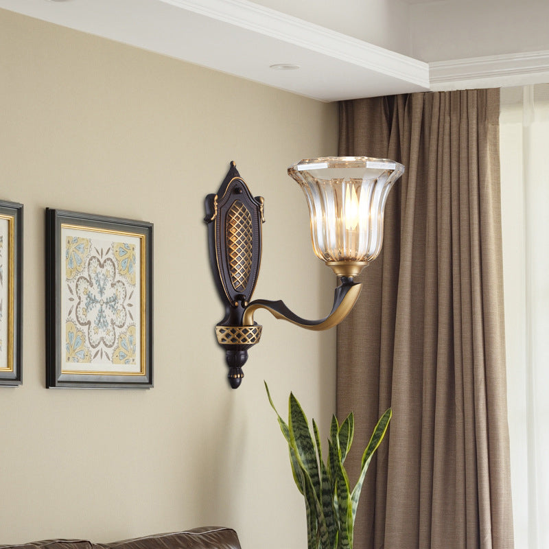 Rynx | Flared Wall Lamp for the Living Room Retro Clear Glass Shade 1/2 Lamps Brass Wall Lighting with Curved Arm