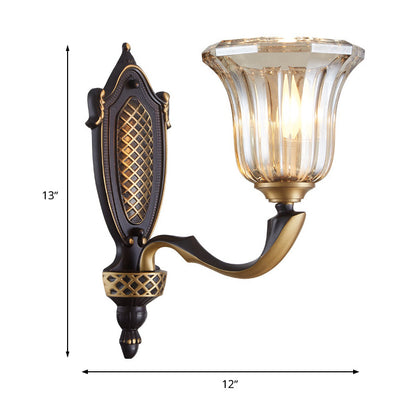Rynx | Flared Wall Lamp for the Living Room Retro Clear Glass Shade 1/2 Lamps Brass Wall Lighting with Curved Arm