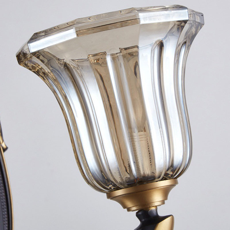 Rynx | Flared Wall Lamp for the Living Room Retro Clear Glass Shade 1/2 Lamps Brass Wall Lighting with Curved Arm