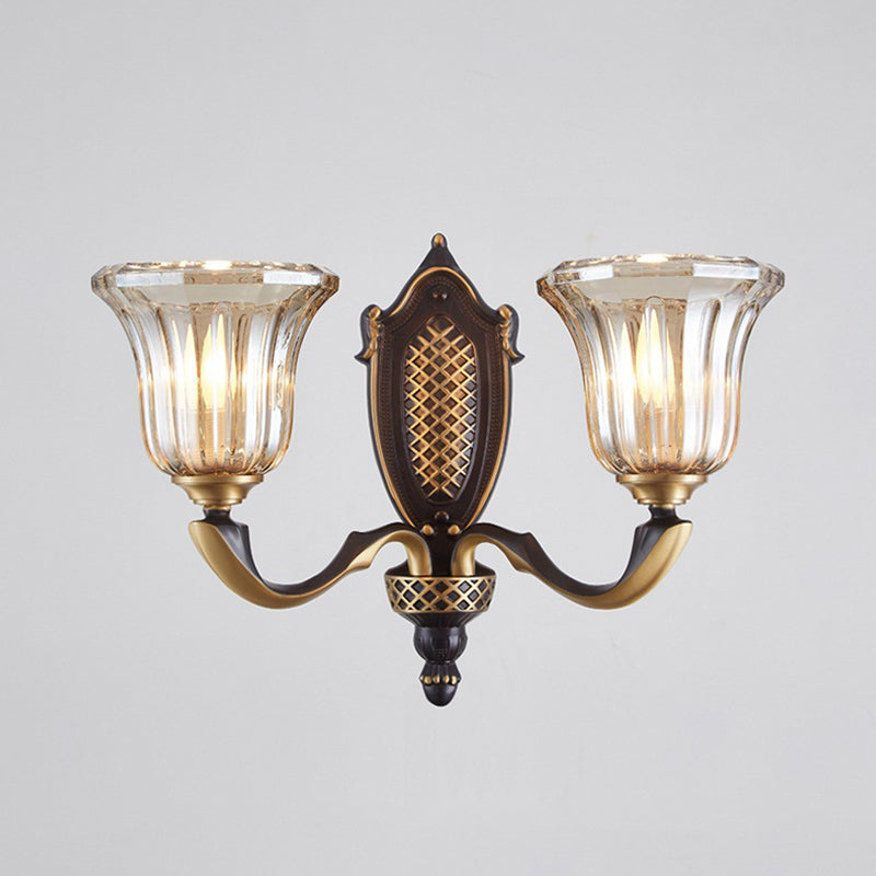 Rynx | Flared Wall Lamp for the Living Room Retro Clear Glass Shade 1/2 Lamps Brass Wall Lighting with Curved Arm