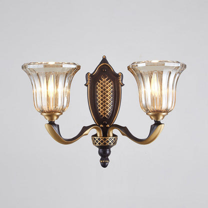 Rynx | Flared Wall Lamp for the Living Room Retro Clear Glass Shade 1/2 Lamps Brass Wall Lighting with Curved Arm
