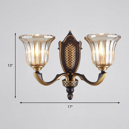 Rynx | Flared Wall Lamp for the Living Room Retro Clear Glass Shade 1/2 Lamps Brass Wall Lighting with Curved Arm