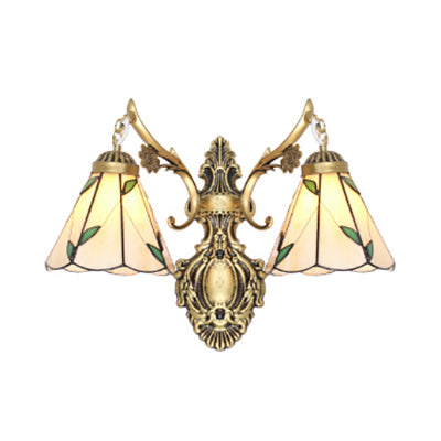 Rynx | Leaf Wall Lighting Vintage Traditional Stained Glass 2 Heads Wall Mount Light in White/Antique Brass for Bedroom