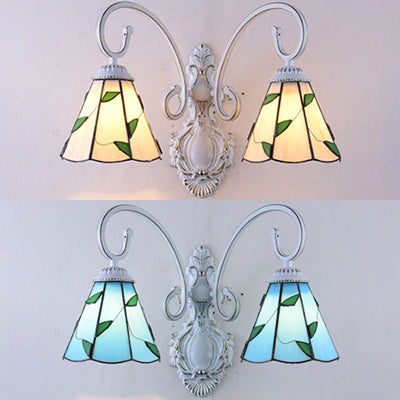 Rynx | Scalloped Wall Lamp Light with Leaf Pattern 2 Lights Colored Glass Loft Wall Lighting in Blue/Beige