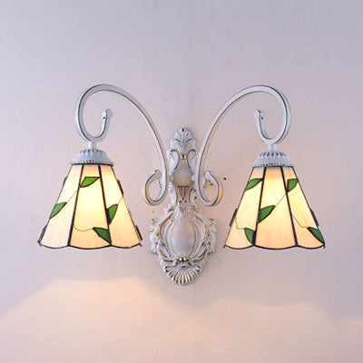 Rynx | Scalloped Wall Lamp Light with Leaf Pattern 2 Lights Colored Glass Loft Wall Lighting in Blue/Beige