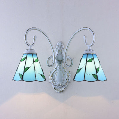 Rynx | Scalloped Wall Lamp Light with Leaf Pattern 2 Lights Colored Glass Loft Wall Lighting in Blue/Beige