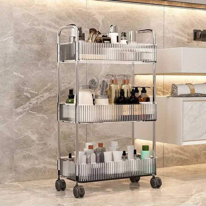 Rynx | Transparent rolling cart with handle, multifunctional plastic cart, multilayer bathroom storage space, bathroom shelves with wheels, cosmetic cart.