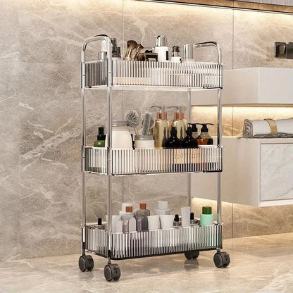 Rynx | Transparent rolling cart with handle, multifunctional plastic cart, multilayer bathroom storage space, bathroom shelves with wheels, cosmetic cart.