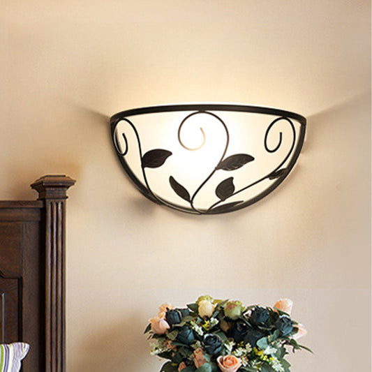 Rynx | Half-Round Cream Glass Wall Lamp Rural 1 Head Flushmount in Black with Rattan Decoration