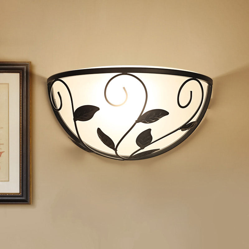 Rynx | Half-Round Cream Glass Wall Lamp Rural 1 Head Flushmount in Black with Rattan Decoration