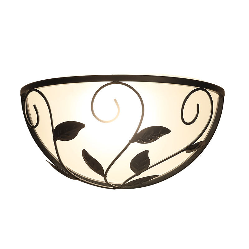 Rynx | Half-Round Cream Glass Wall Lamp Rural 1 Head Flushmount in Black with Rattan Decoration