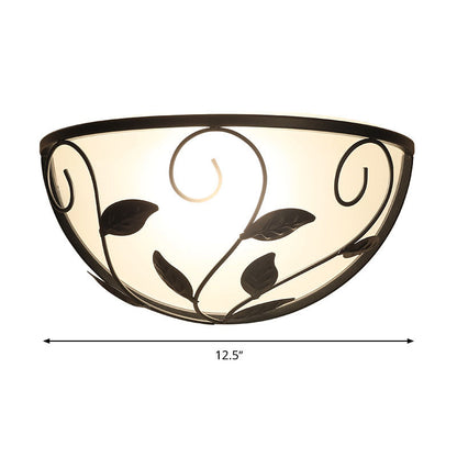 Rynx | Half-Round Cream Glass Wall Lamp Rural 1 Head Flushmount in Black with Rattan Decoration