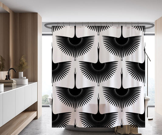Rynx | Black and White Crane Shower Curtain with Hooks, Bathroom Curtains with Ring, Unique Bathroom Decoration, Boho Shower Curtain, Customizable Bathroom Curtains, Extra Long Shower Curtain