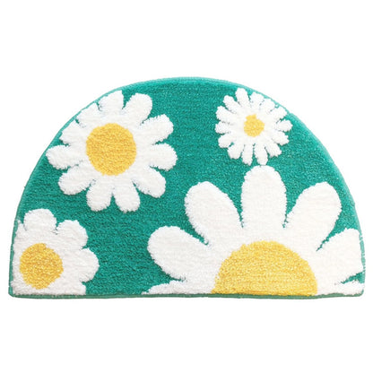 Rynx | Green Half Circle Daisy Bathroom Mat, White Flowers Bathroom Rug, Natural Bathroom Decoration, Soft Water Absorbent Mat for Bath Shower