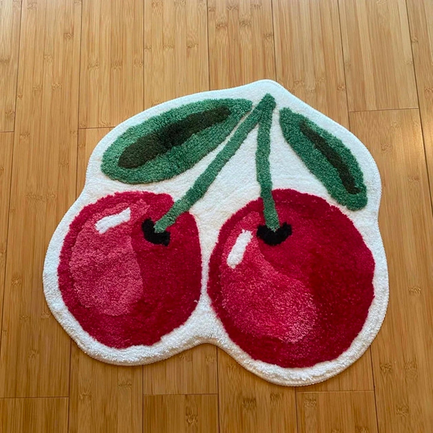 Rynx | Cute cherry bath mat, red fruit bathroom rug, soft plush water-absorbent mat, non-slip toilet mat in multiple sizes, soft thick bathroom rug, art bathroom mats, best bath rugs, tufted art rug for bathroom toilet bathtub