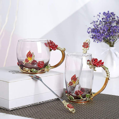 Rynx | Enamel Rose Glass Tea Cup Set (With Spoon)